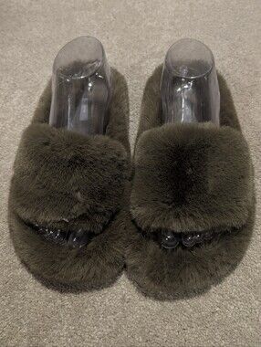 Aerie Olive Green Faux Fur Slide Slippers